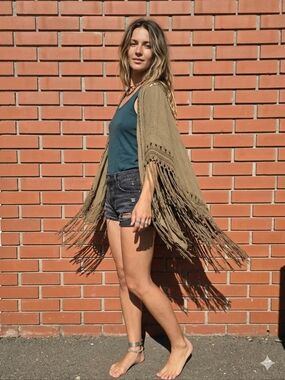 Fringe Open-Knit Kimono Olive
